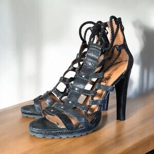 No. 704b strappy cord faux snake print heels 39 Women’s Size 8.5-9